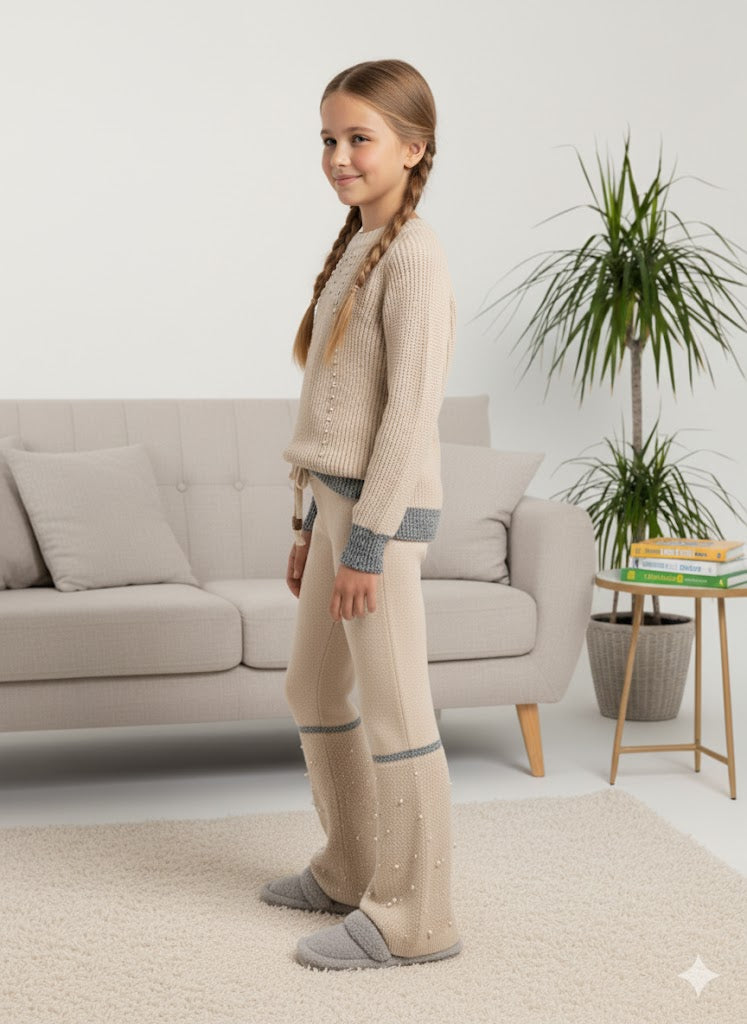 Mädchen Winter Strickset mit Perlenstickerei 3108 - Beige