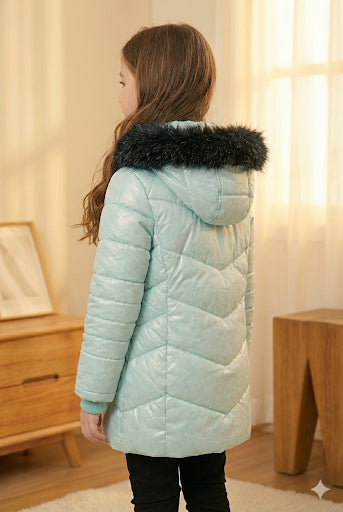 Glänzende Mädchen-Winterjacke mit warmem Fellfutter (Mehrere Farben) 5150 - Mintgrün