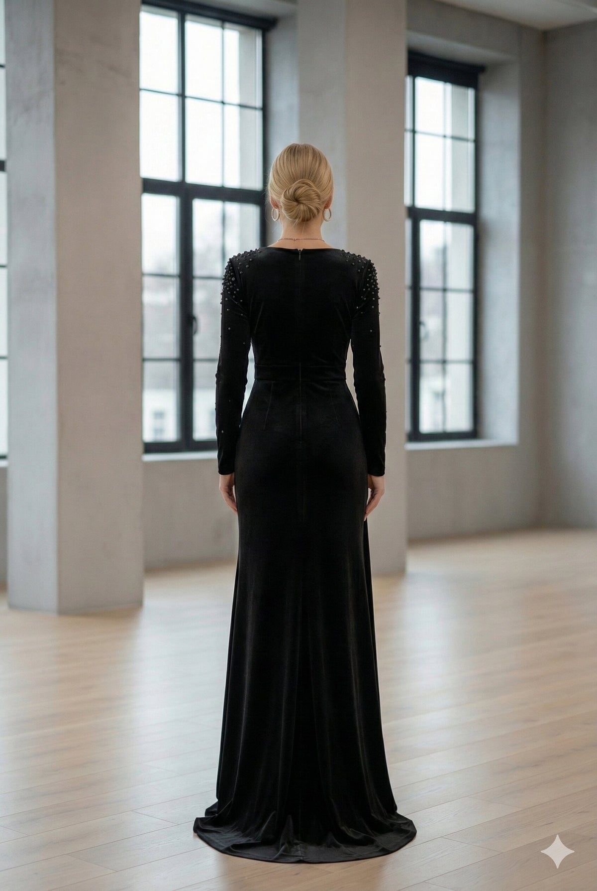 Lila Samt-Abendkleid mit Perlenverzierung und Drapierung 4004 - Schwarz
