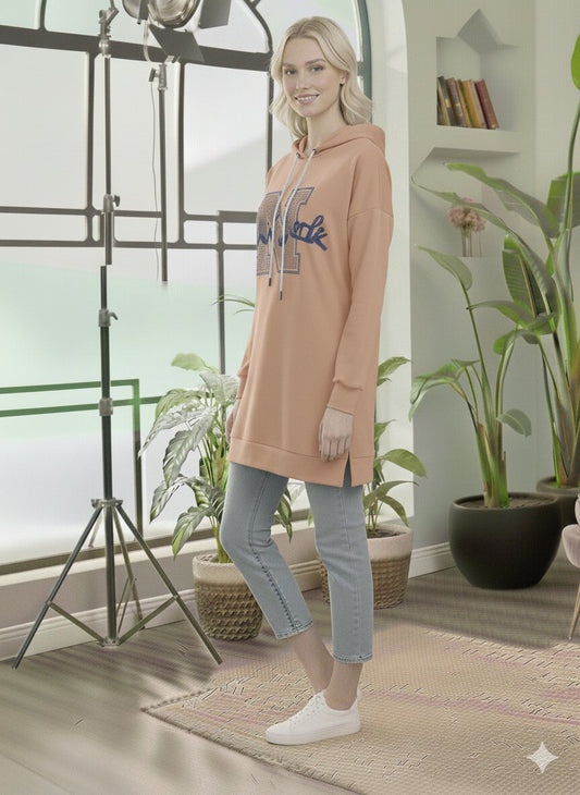 Langer Baumwoll-Hoodie - Weiter Europäischer Schnitt 101 - Beige