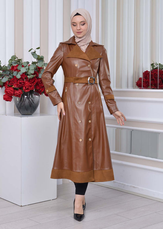 Leder-Wildleder-Trenchcoat mit Fellfutter 1334 - Cognac