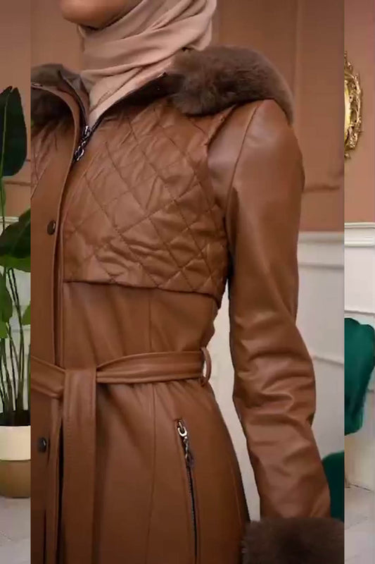 Eleganter Leder-Trenchcoat mit Fellfutter und abnehmbarer Kapuze 1365 - Cognac