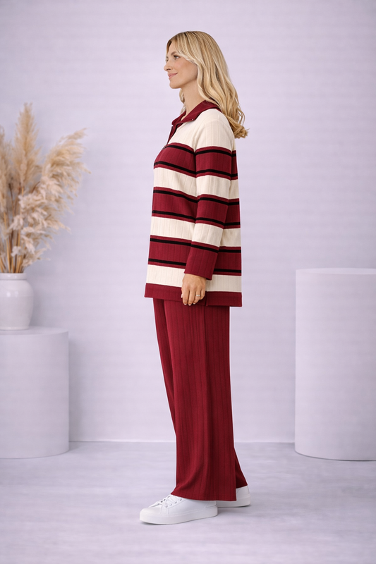 Gestreiftes Damen-Strickset mit Kragenreißverschluss 4204 - Bordeaux