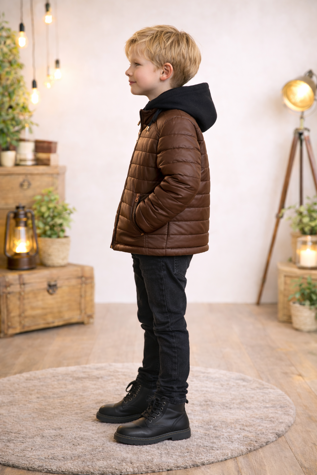 Jungen Steppjacke mit Fellfutter und Kapuze 5122 - Braun