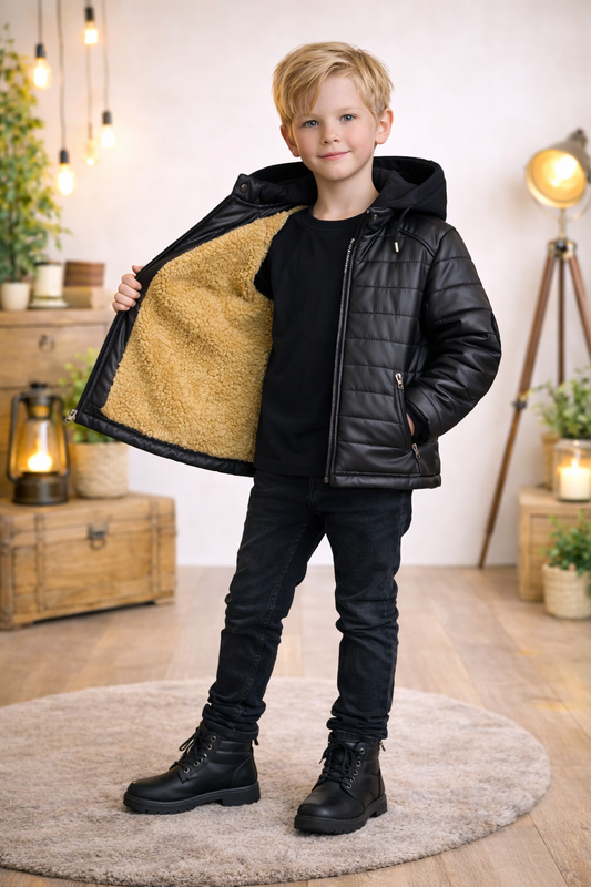 Jungen Steppjacke mit Fellfutter und Kapuze 5122 - Schwarz
