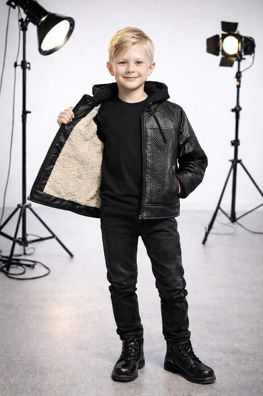 Jungen Lederjacke mit Fellfutter und Kapuze 5120 - Schwarz