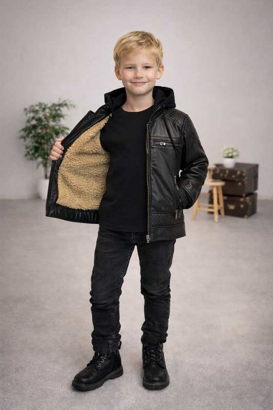 Jungen Lederjacke mit Fellfutter und Kapuze 5121 - Schwarz