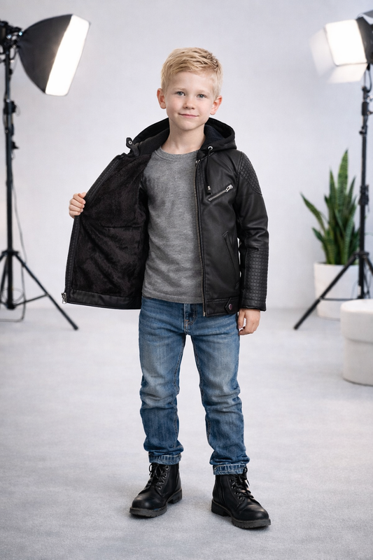 Jungen Jacke mit Fellfutter und Kapuze 5118 - Schwarz