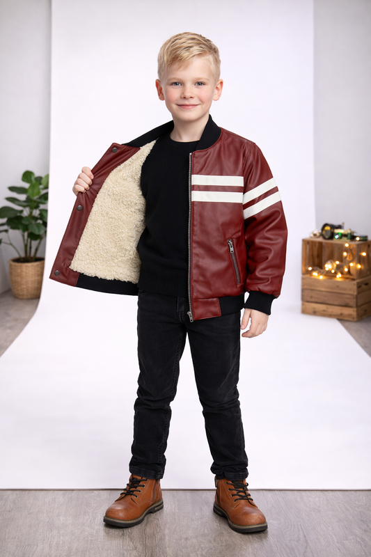 Jungen Lederjacke mit Fellfutter 5123 - Bordeaux