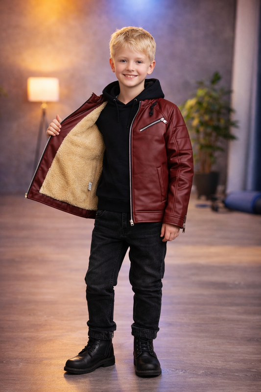 Jungen Lederjacke mit Fellfutter 5125 - Bordeaux