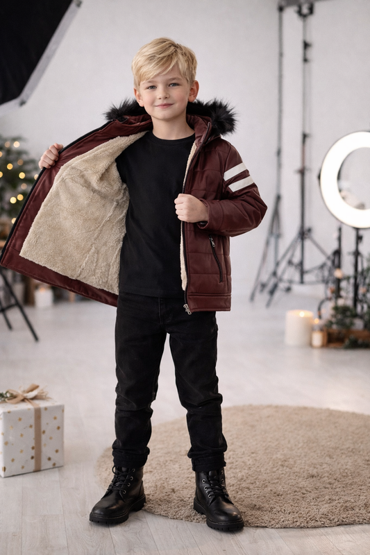 Jungen Lederjacke mit Fellfutter 5126 - Bordeaux