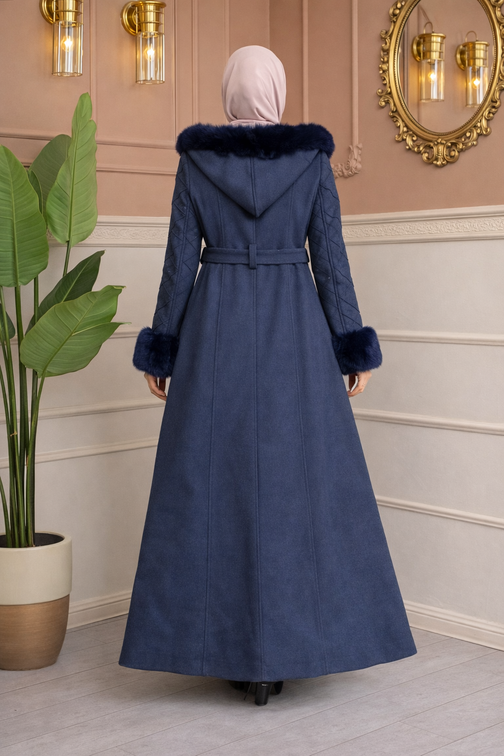 Langer Wollmantel mit Pelzbesatz und Kapuze 1381 - Dunkelblau