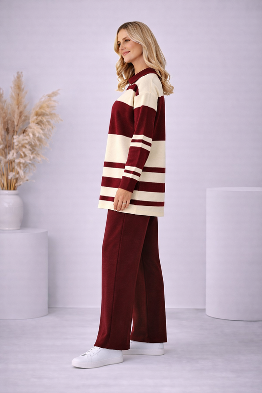 Gestreiftes Damen-Strickset mit Kragenreißverschluss 4202 - Bordeaux