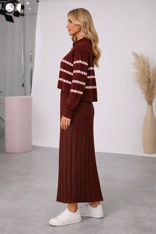 Elegantes zweiteiliges Damen-Strickkleid mit gestreiftem Oberteil 4207 - Bordeaux
