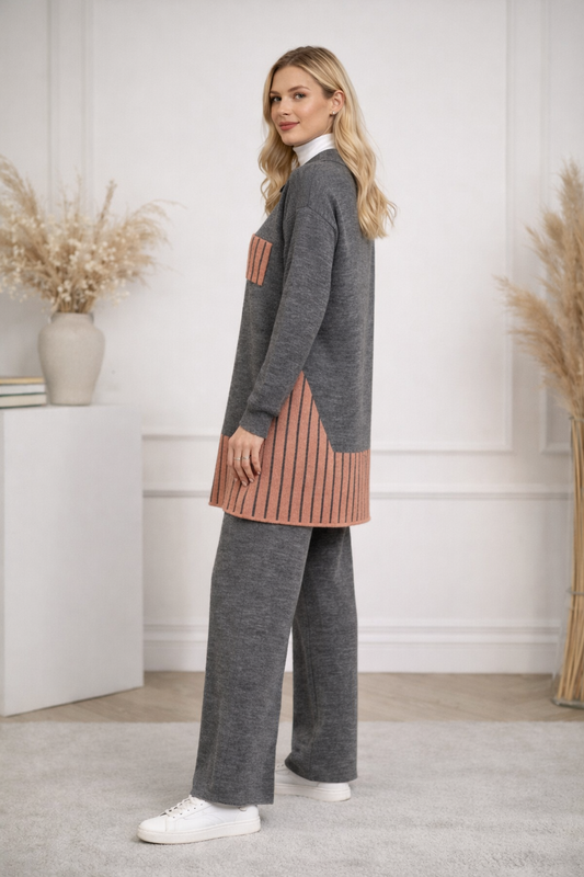 Modernes zweiteiliges Damen-Strickset mit geometrischen Details 4208 - Anthrazit