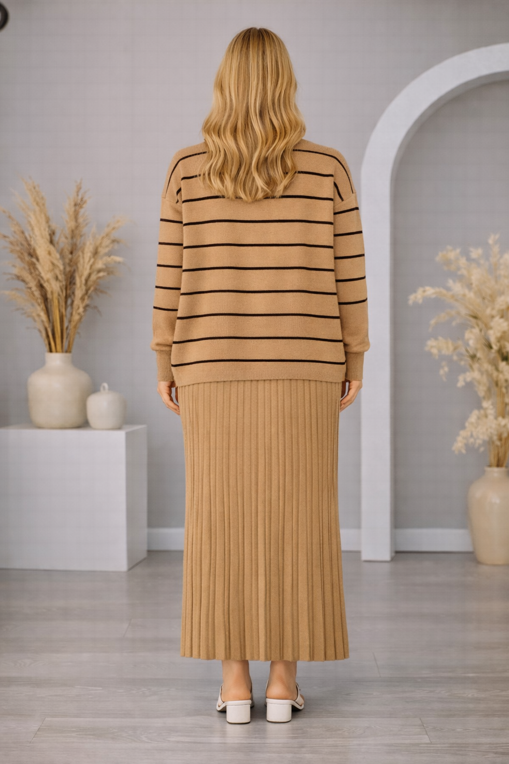 Elegantes zweiteiliges Damen-Strickkleid gestreift 4210 - Mausgrau