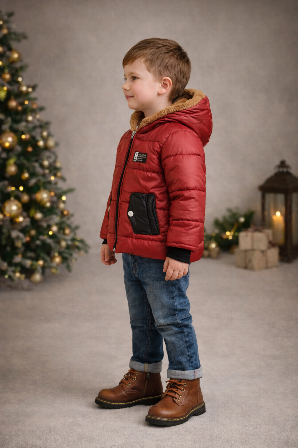 Rote Jungen-Regenjacke mit Fellfutter und schwarzen Akzenten 5004 - Rot