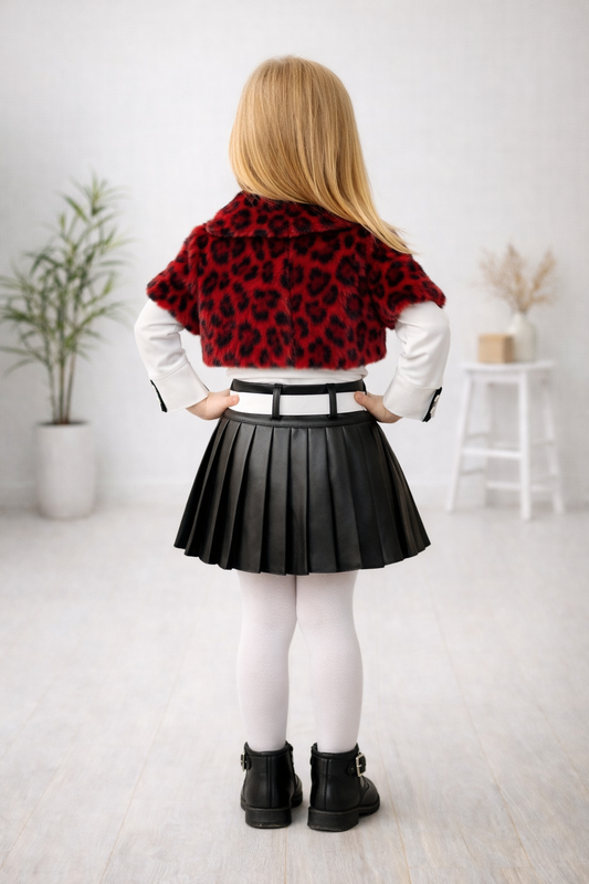 Mädchen 3-teiliges Set Pelzjacke und Lederrock 3503 - Bordeaux