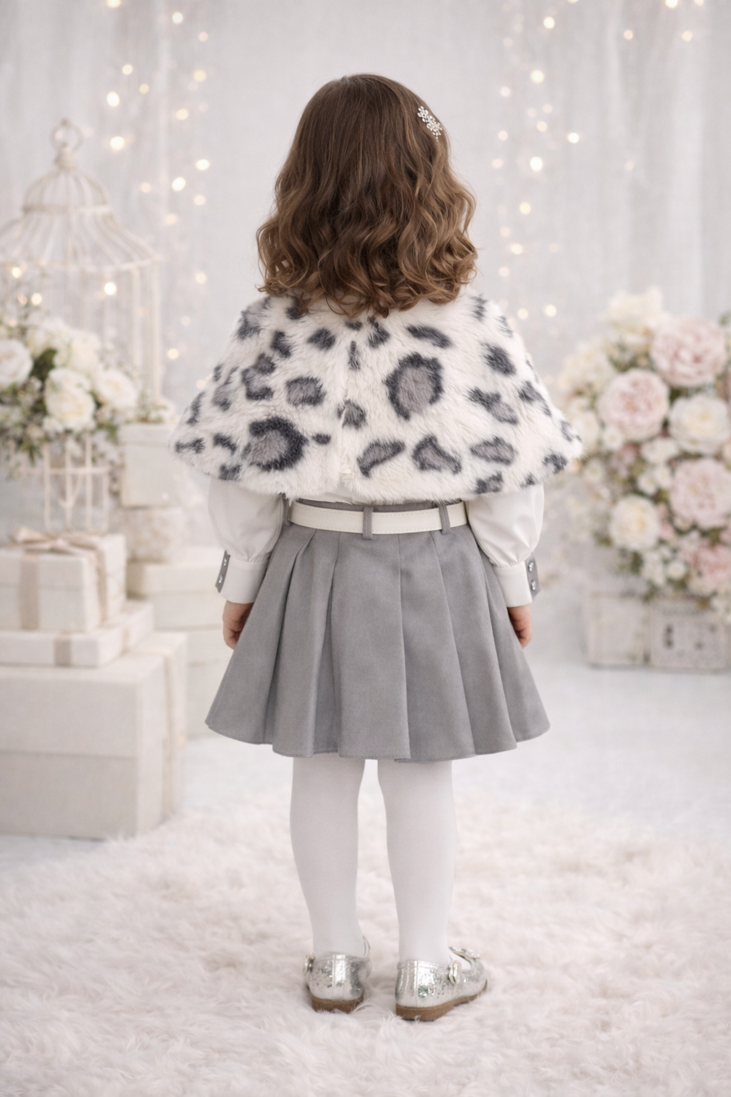 Mädchen-Set Rock und Bluse mit Pelz-Cape 3504 - Grau