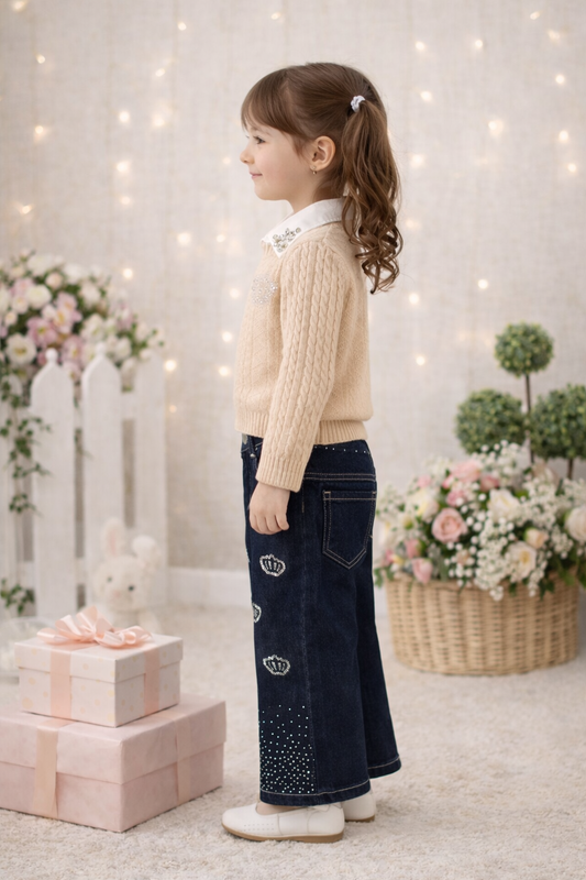 Mädchen Set 3-teilig Wollpullover, Hemd und Weite Hose 3510 - Beige