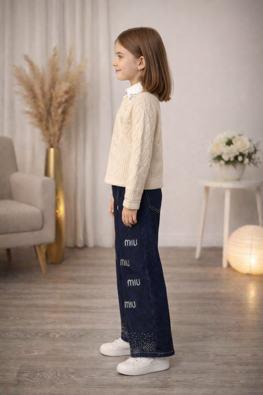 Mädchen Set 3-teilig Wollpullover, Hemd und Weite Hose 3508 - Beige