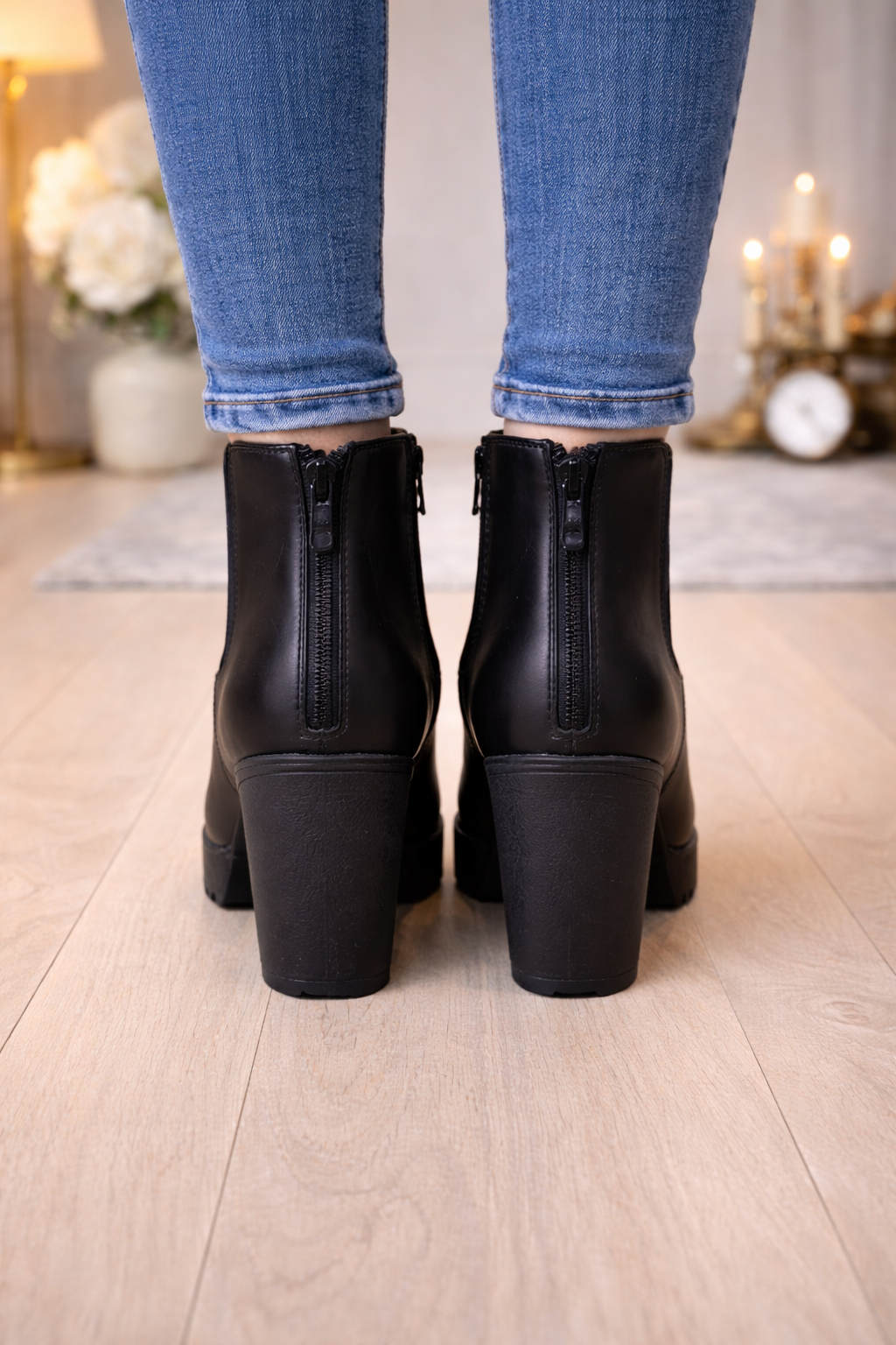 Damen Stiefeletten aus Leder mit Blockabsatz und Plateausohle 6324 - Schwarz