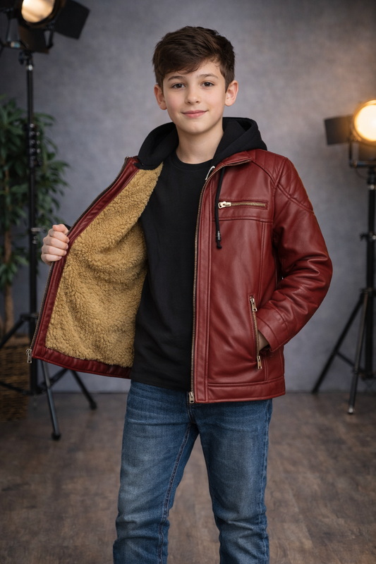 Jungen Lederjacke mit Fellfutter 5127 - Bordeaux