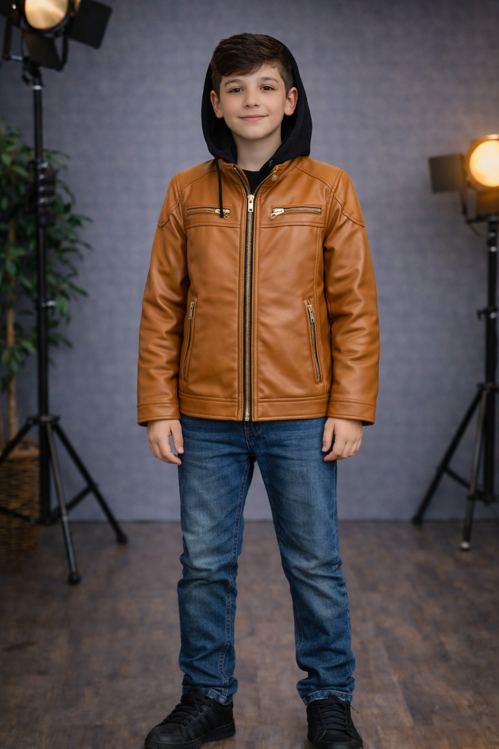 Jungen Lederjacke mit Fellfutter 5127 - Cognac