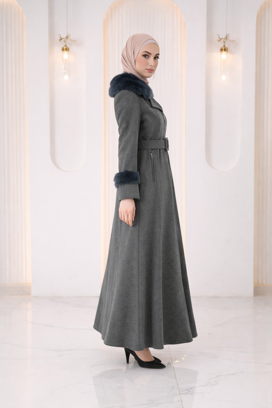 Langer texturierter Mantel mit Pelz 1395 - Anthrazit