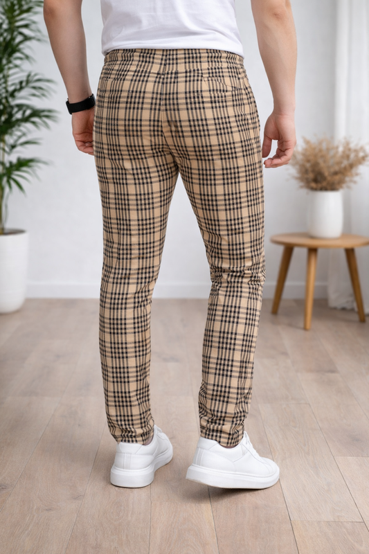 Herren Karierte Hose Slim Fit mit Kordelzug 2004 - Cognac
