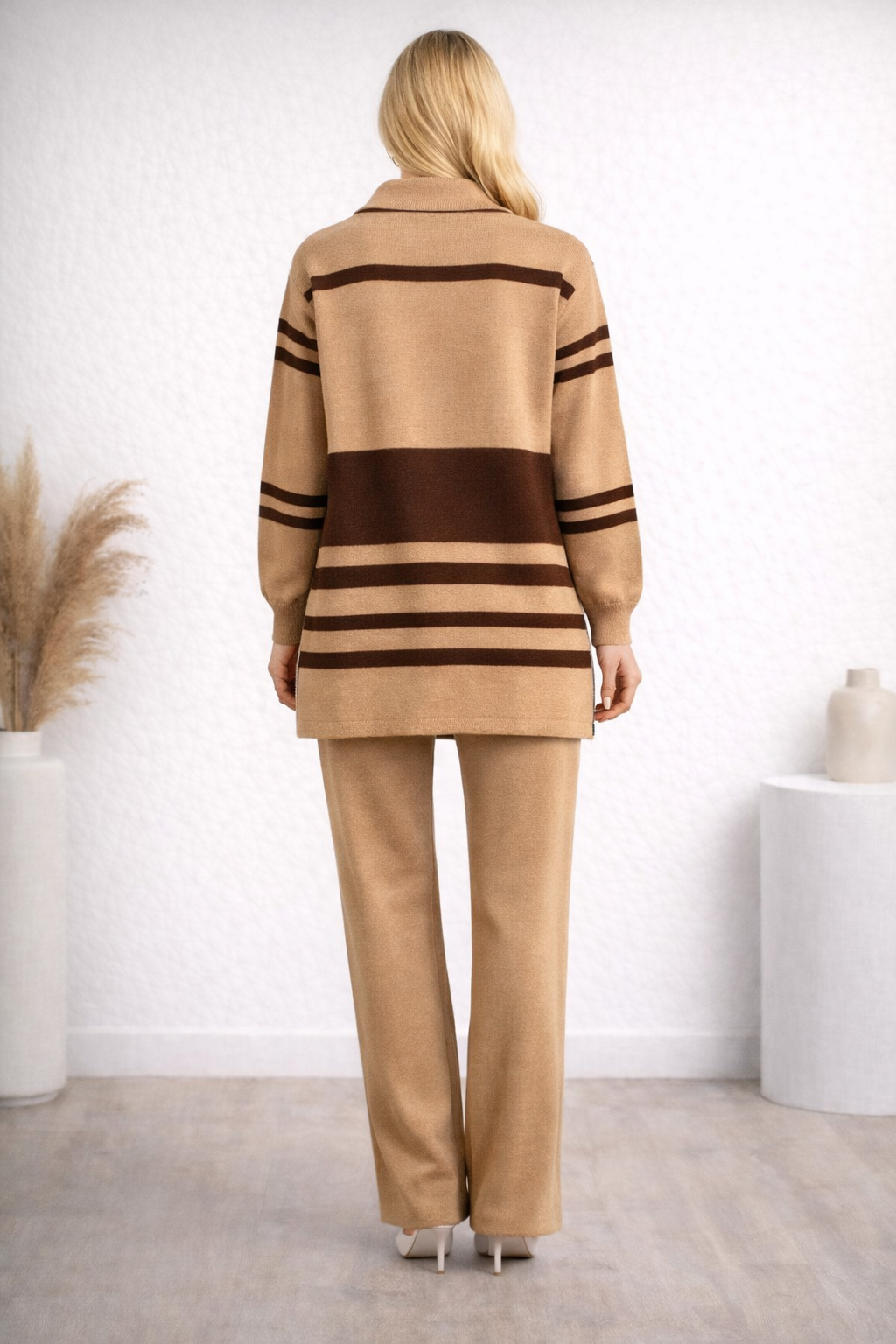 Modernes zweiteiliges Damen-Strickset gestreift mit Reißverschluss 4209 - Mausgrau