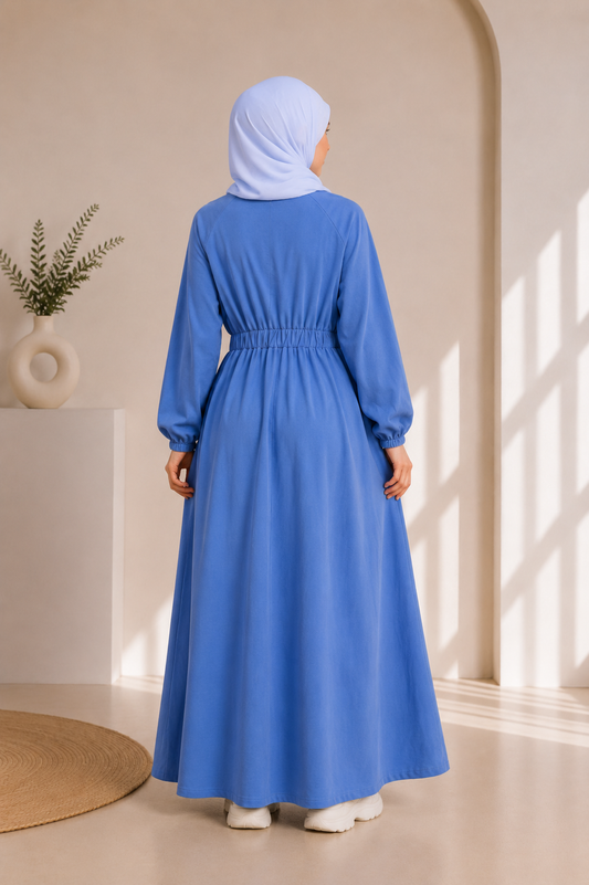 4069 فستان قطن ببيونة - Jeansfarbe