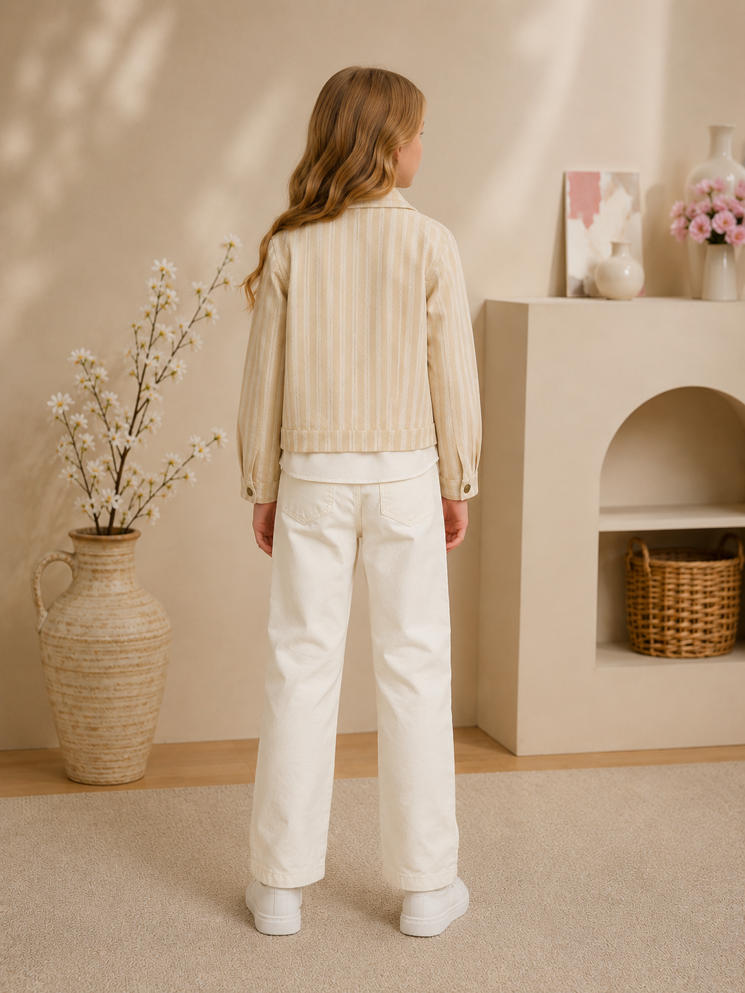 3542 طقم بناتي مقلم قصب - Beige