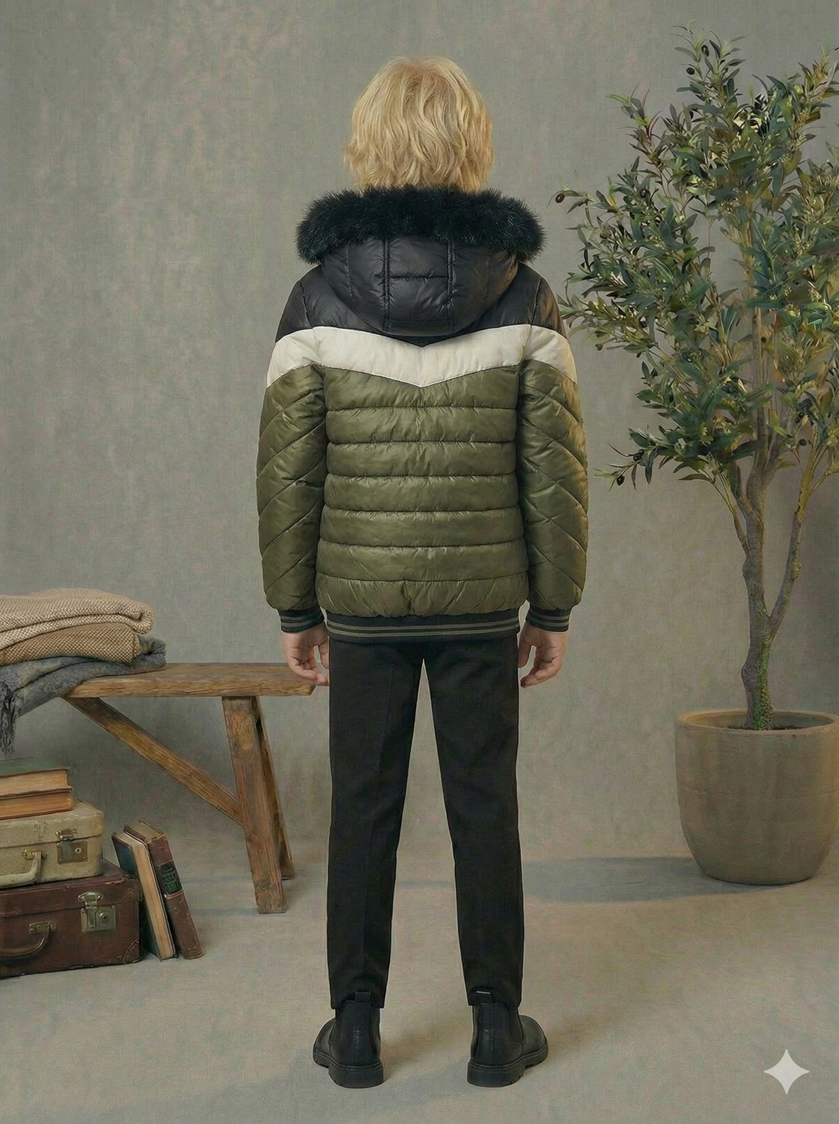Gefütterte Pufferjacke mit Chevron-Steppung und Fellfutter 5148 - Khaki