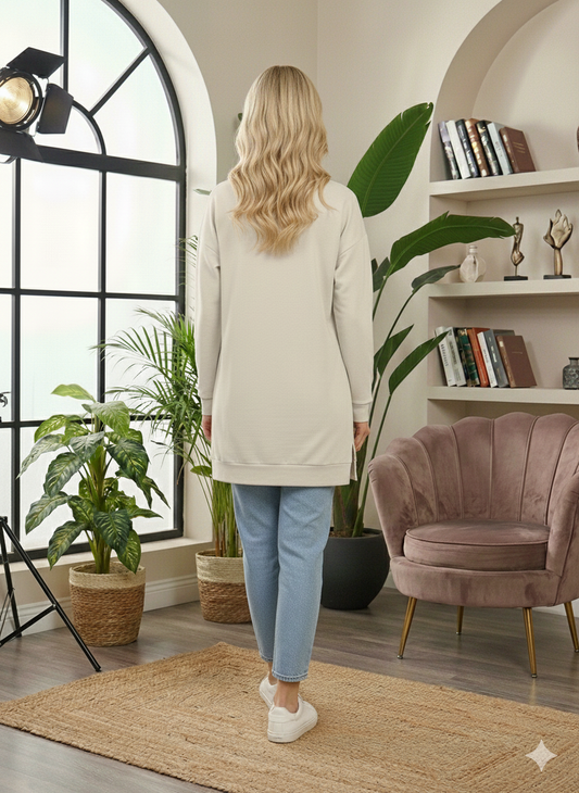 Langes Baumwoll-Sweatshirt mit Herz-Print 102 - Beige