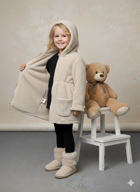 Mädchen Plüschjacke mit Kapuze 5002 - Beige