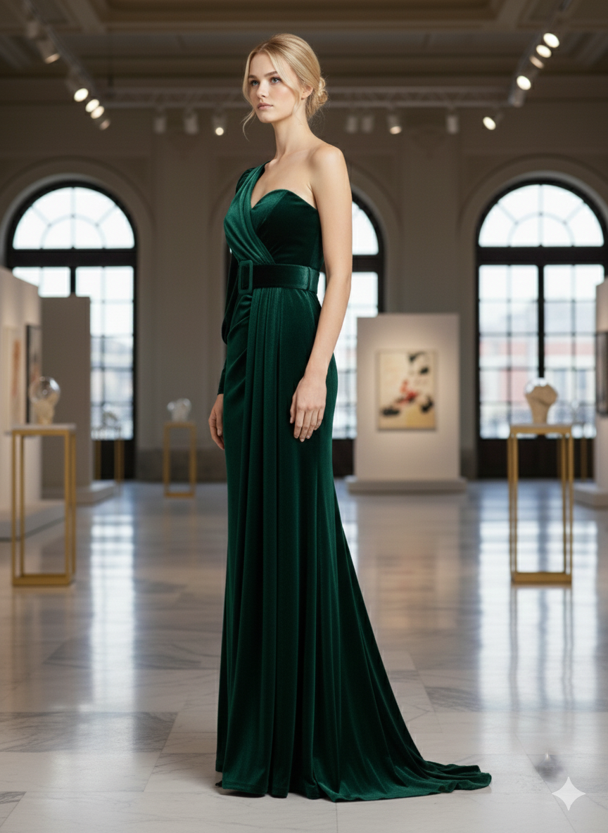 Elegantes Samt-Abendkleid mit One-Shoulder-Design 4003 - Khaki