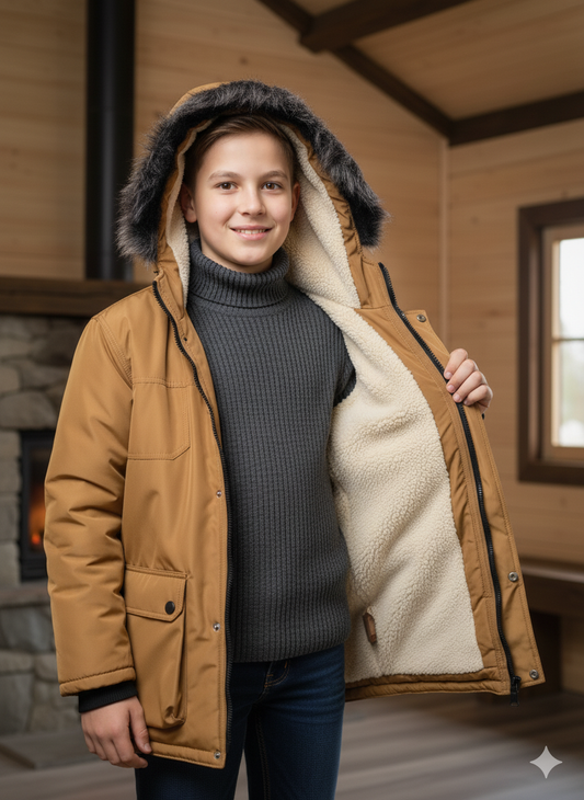 Mit Fell gefütterte Winter-Parka-Jacke für Kinder 5139 - Braun