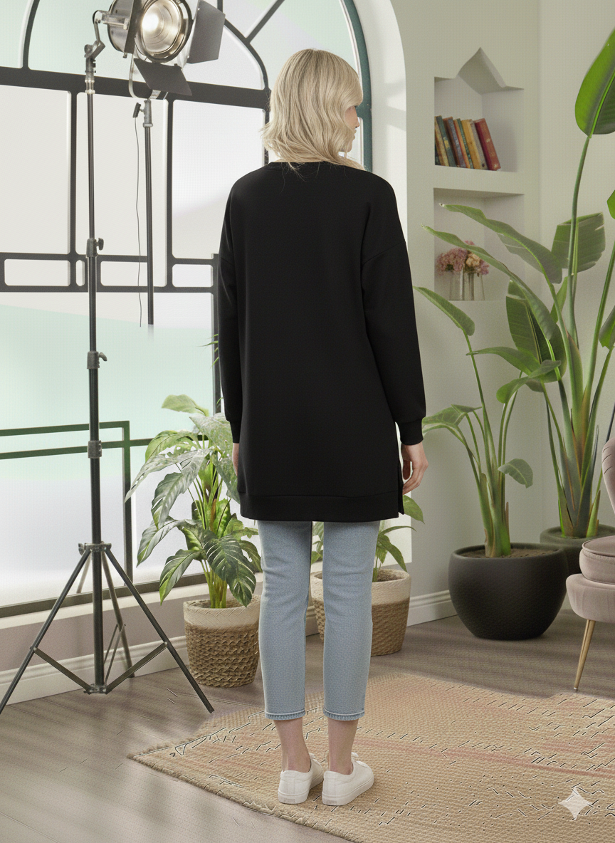 Langes Baumwoll-Sweatshirt mit stylischem Print 104 - Schwarz