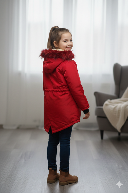 Mit Pelz gefütterte Kinder-Leinenjacke 5136 - Rot
