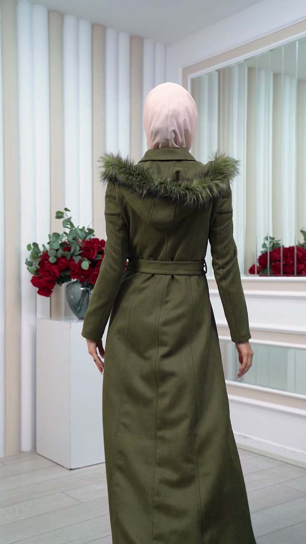 Langer Wildledermantel mit abnehmbarer Pelzkapuze 1333 - Khaki