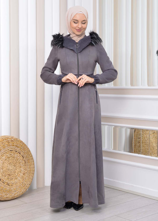 Langer Wildleder-Mantel mit Pelzkapuze 1331 - Dunkelgrau