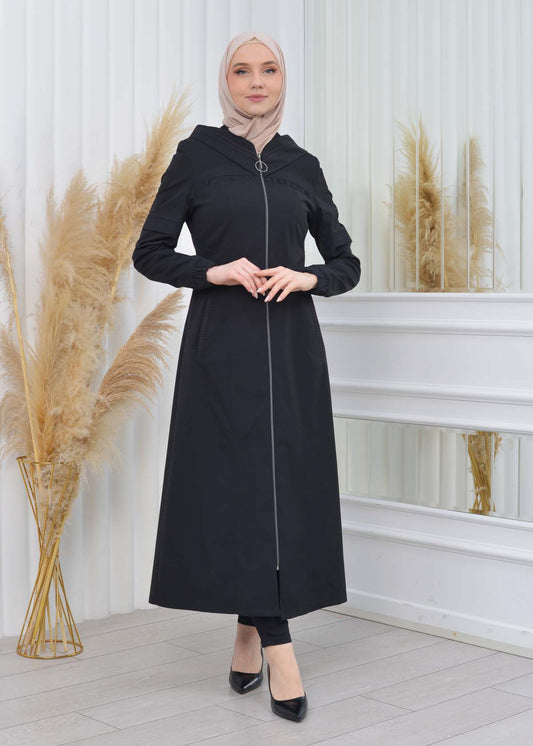 Hooded Zippered Hijab Trench Coat 1202 - Schwarz