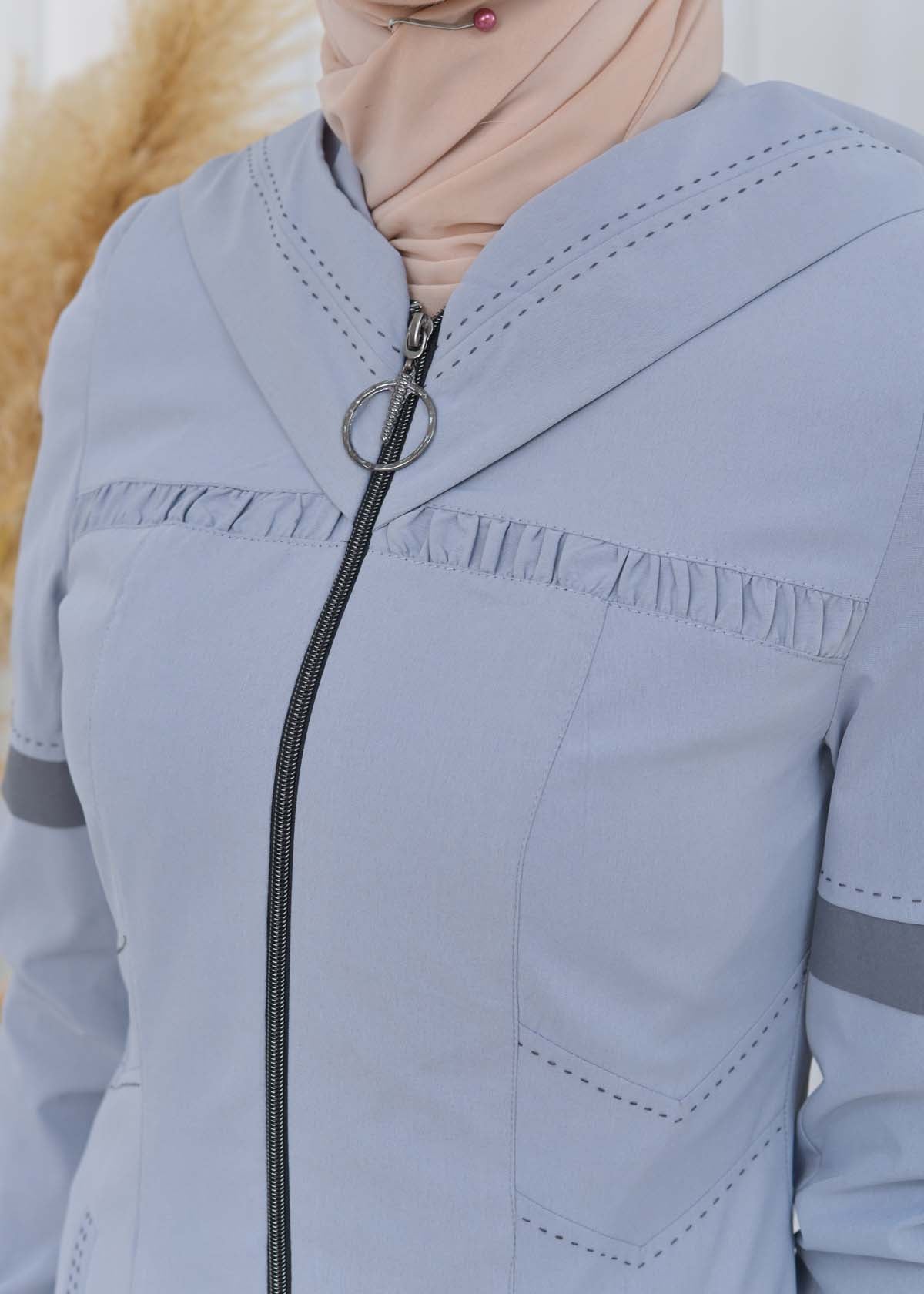 Hooded Zippered Hijab Trench Coat 1202 - Grau