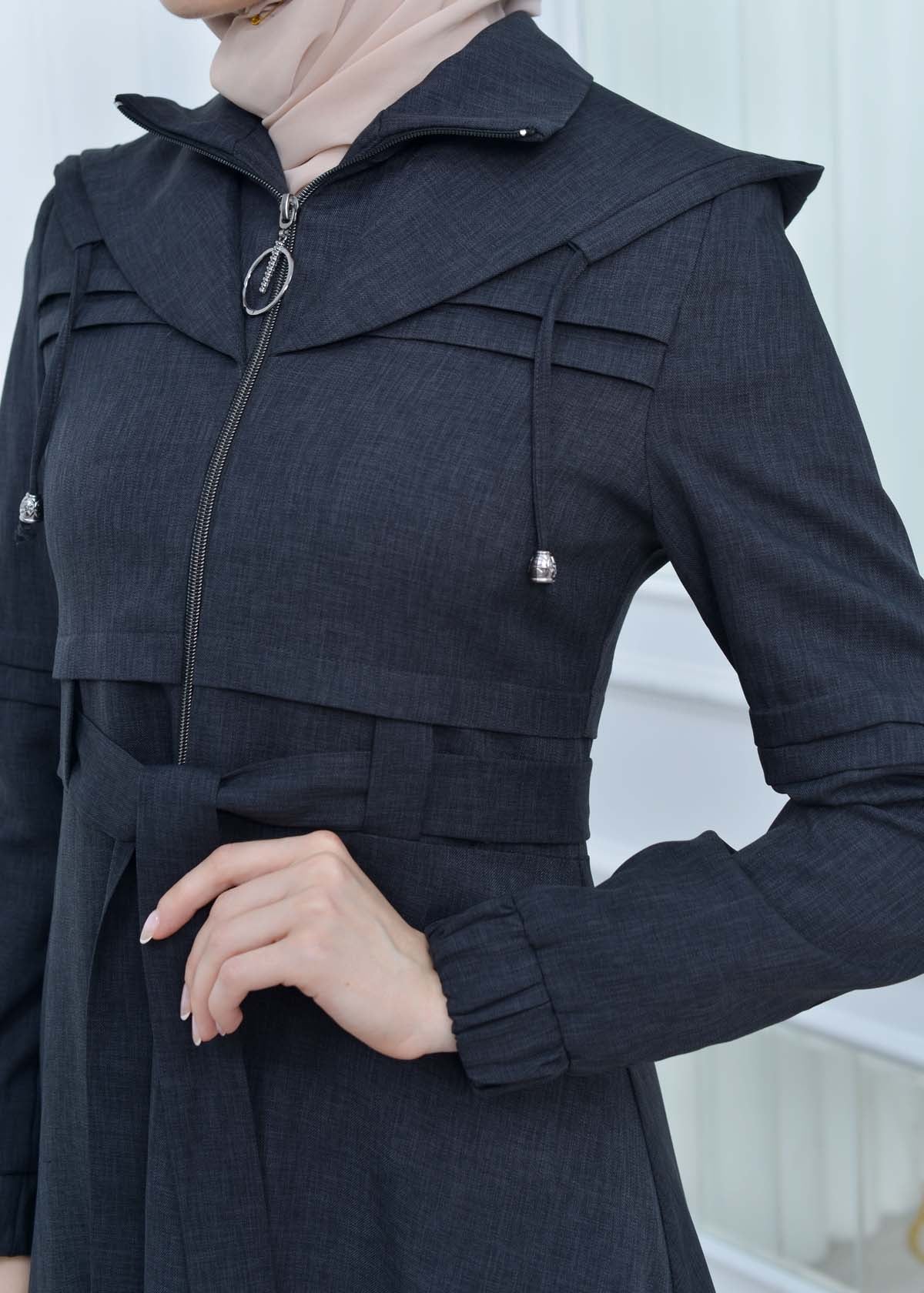 Belted - Zippered V-neck Hijab Overcoat code 1205 - Dunkelgrau