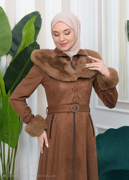 Damen Wildleder-Mantel mit Vollpelz-Kapuze (Kabischon) 1362 - Braun