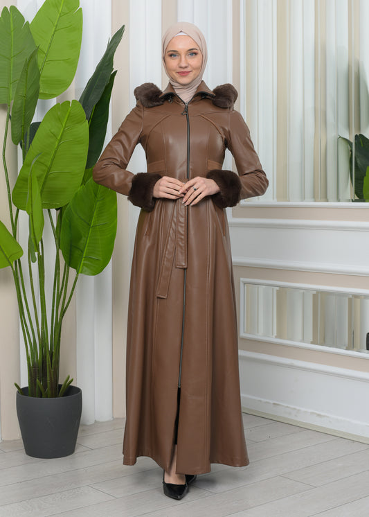 Exklusiver Ledermantel mit festen Fellärmeln und abnehmbarer Kapuze 1345 - Cognac