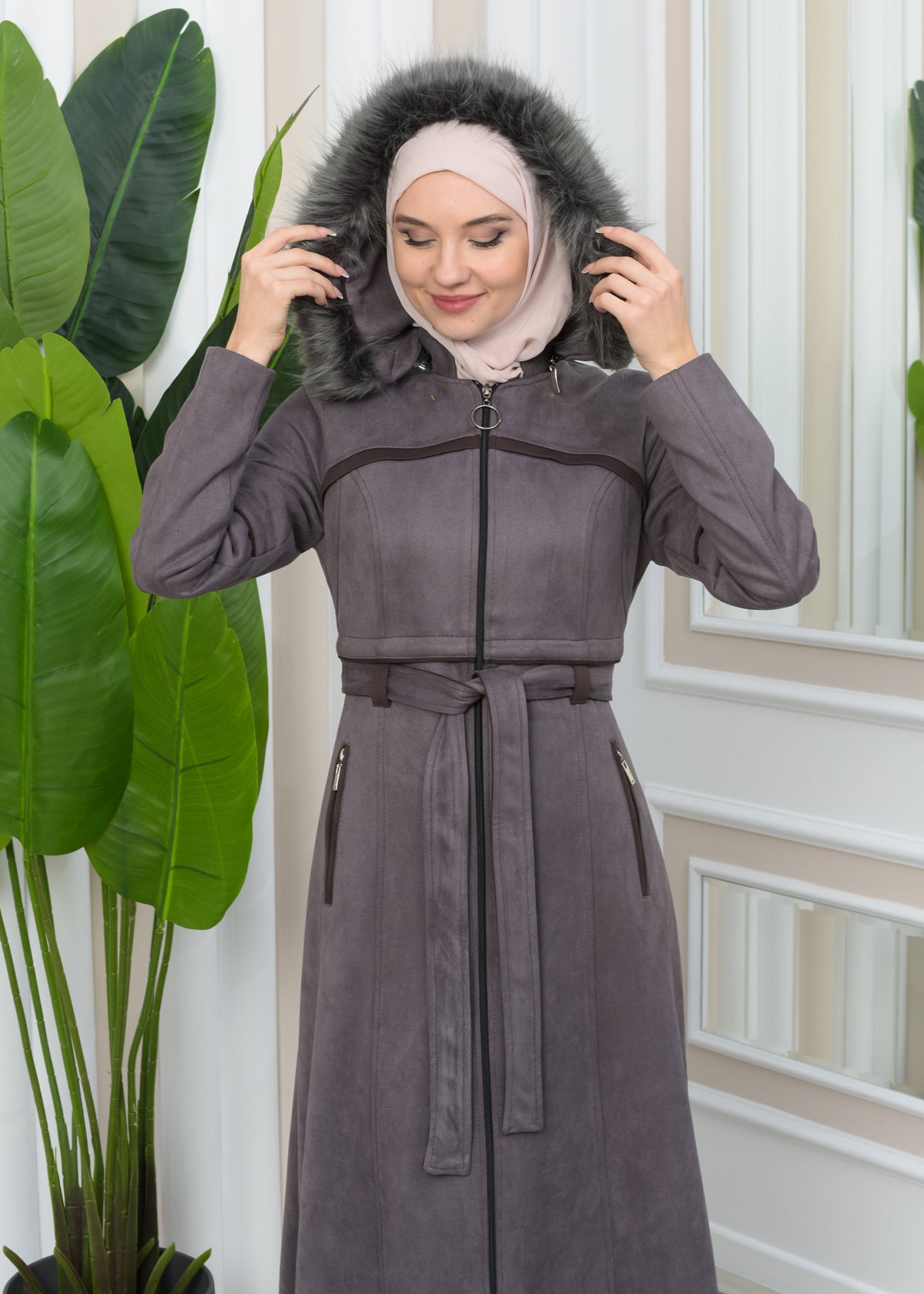 Luxuriöser Damen Wildleder-Mantel mit Kaninchenfutter 1346 - Grau