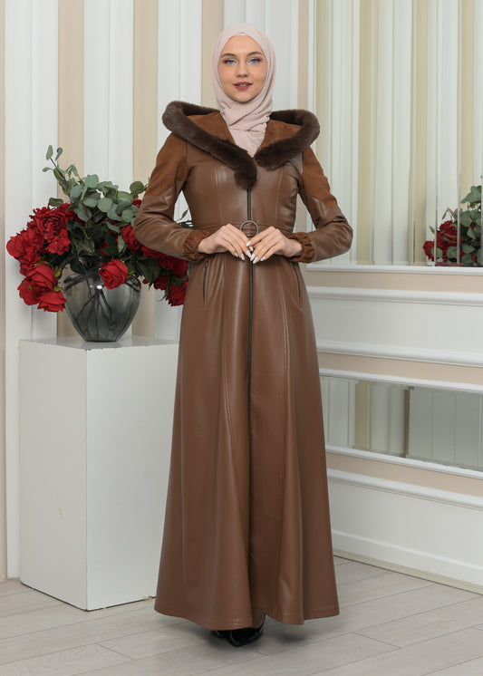 Langer Damen Winter-Ledermantel mit Wildlederdetails und Pelzkragen 1348 - Cognac