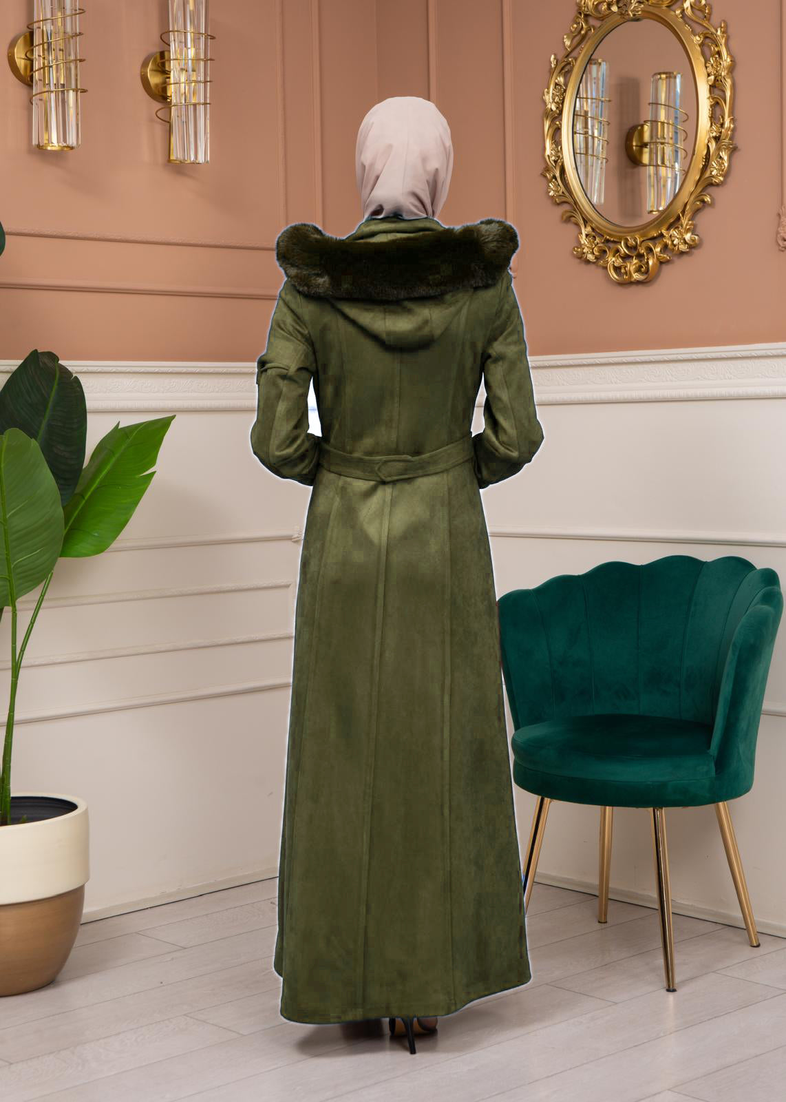 Damen Wildleder-Mantel mit abnehmbarer Pelzkapuze 1361 - Khaki